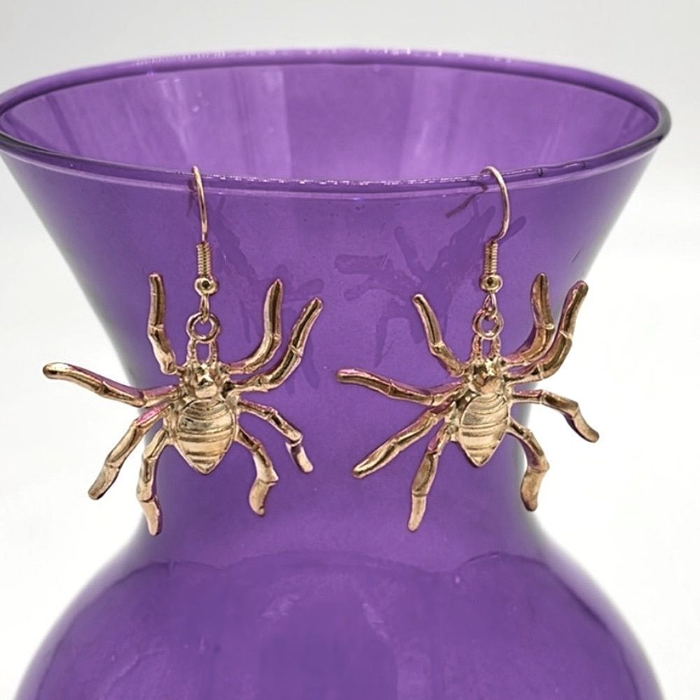 1 1/2” Goldtone Metal Spider Earrings Halloween